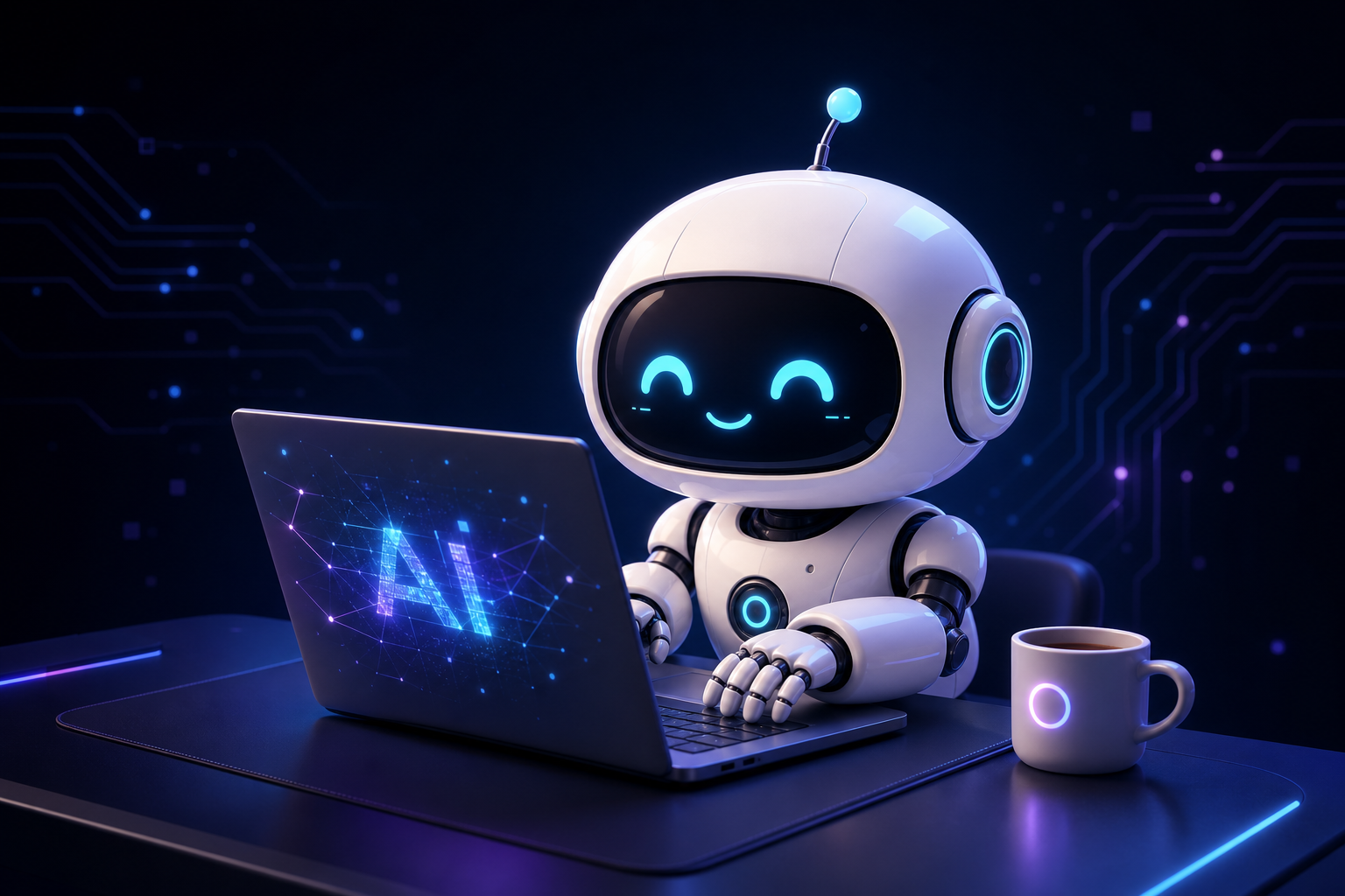 ノートPCで作業するAIロボットのイラスト