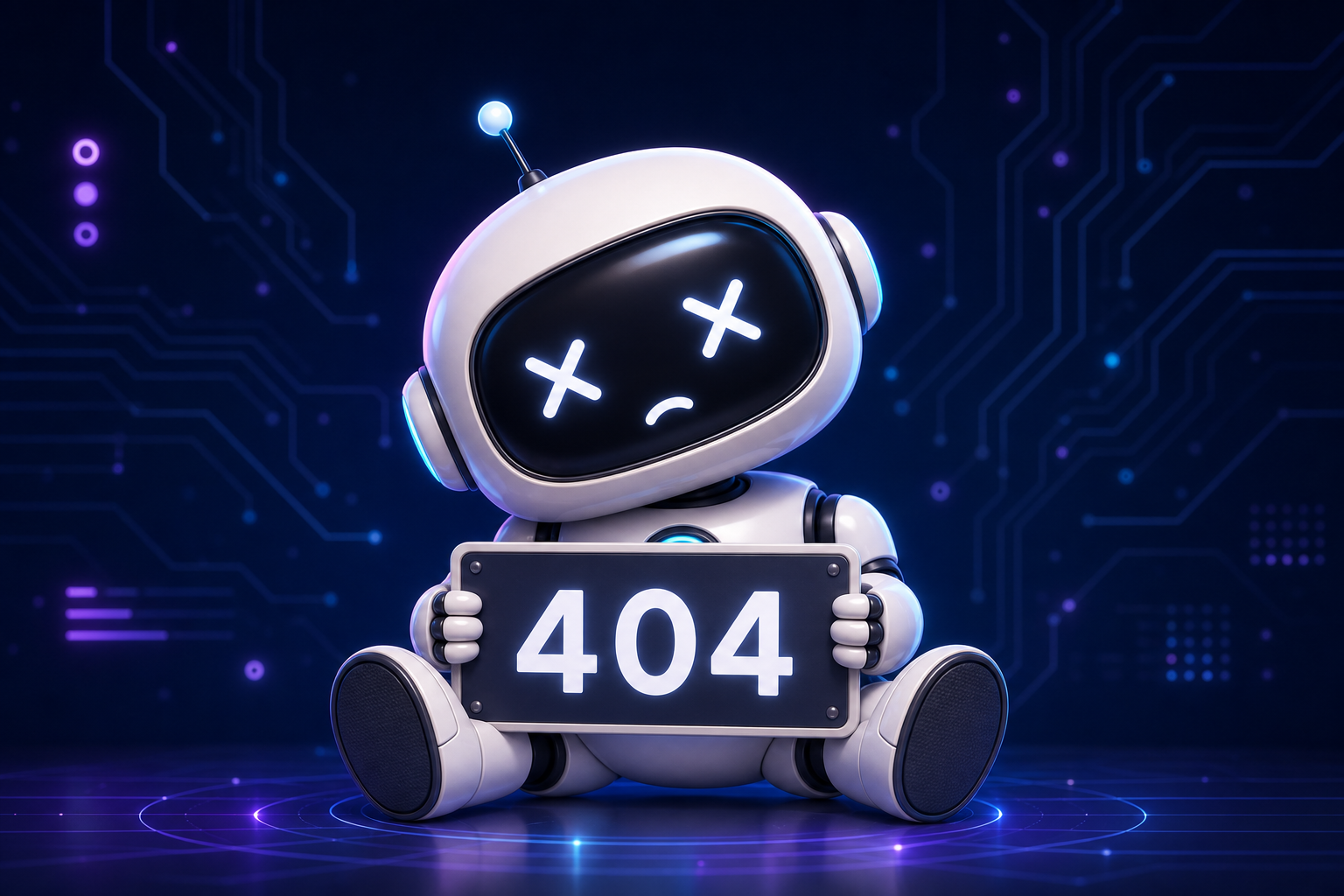 404のボードを持って座り込むポンコツAIロボット