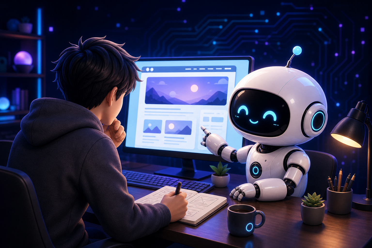 人間と白いAIロボットが一緒にブログ制作を進めるイラスト